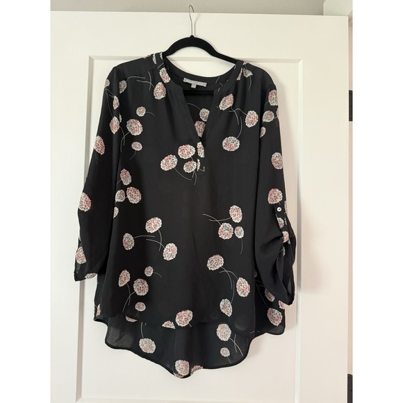 Daniel Rainn Tops - Daniel Rainn Women's XL Black/Pink Floral Chiffon V-Neck Roll Tab Blouse